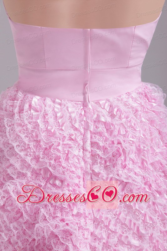 Baby Pink A-line / Princess Mini-length Chiffon And Lace Rhinestone Prom / Homecoming Dress