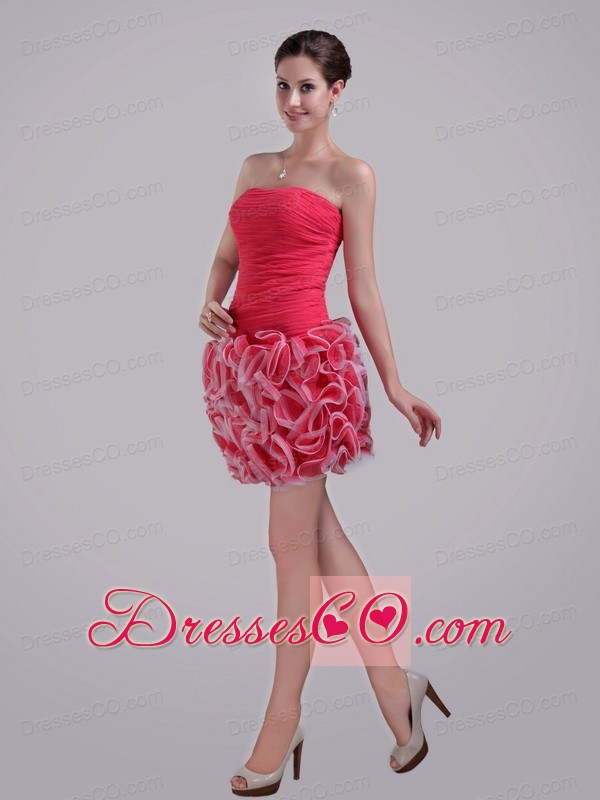 Coral Red Column/sheath Strapless Mini-length Ruched Prom / Homecoming Dress
