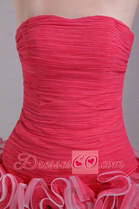Coral Red Column/sheath Strapless Mini-length Ruched Prom / Homecoming Dress