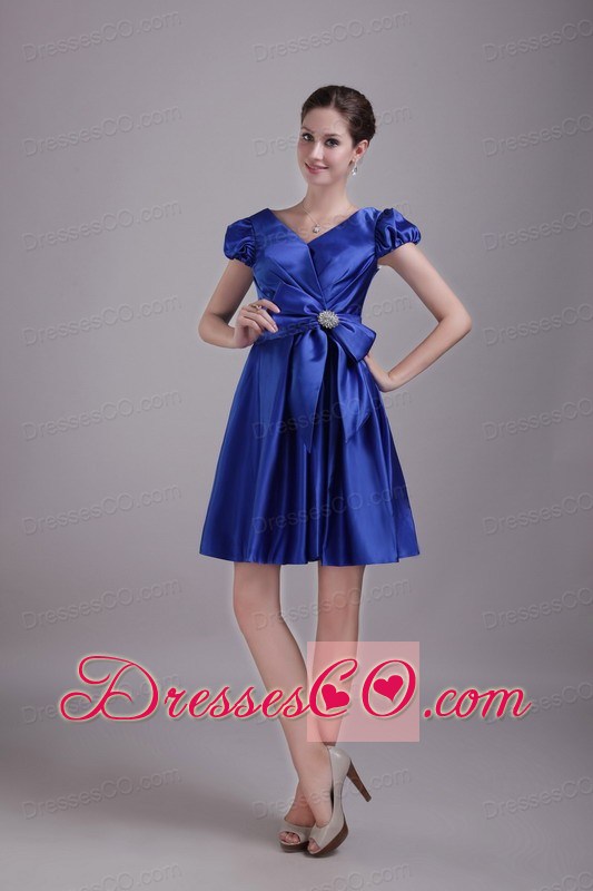 Blue A-line / Princess V-neck Mini-length Taffeta Beading Prom Dress