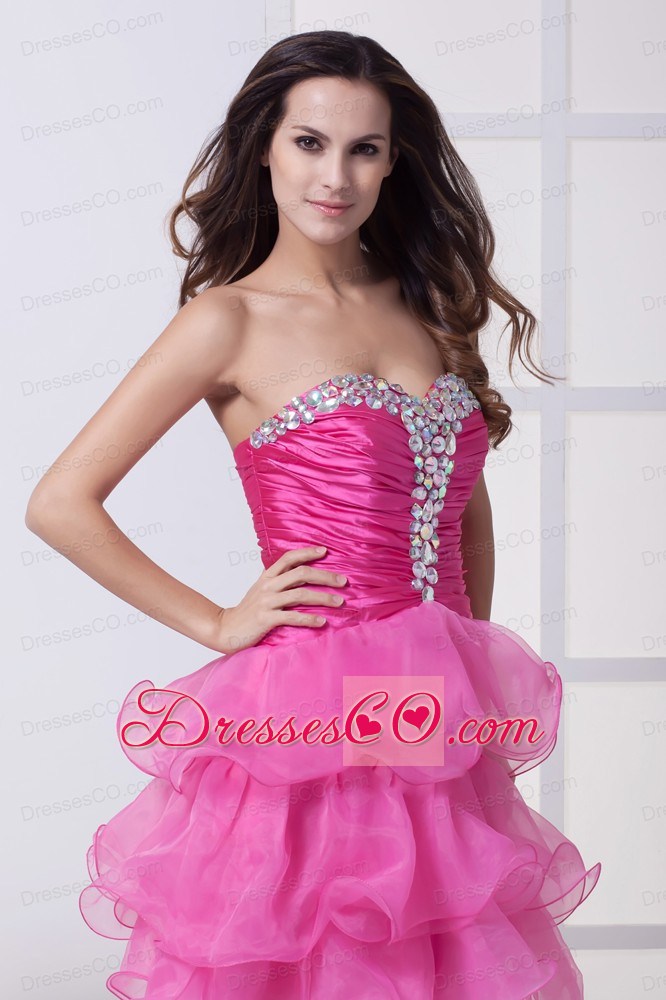 Hot Pink Beading Ruffled Layers Knee-length Prom Dress