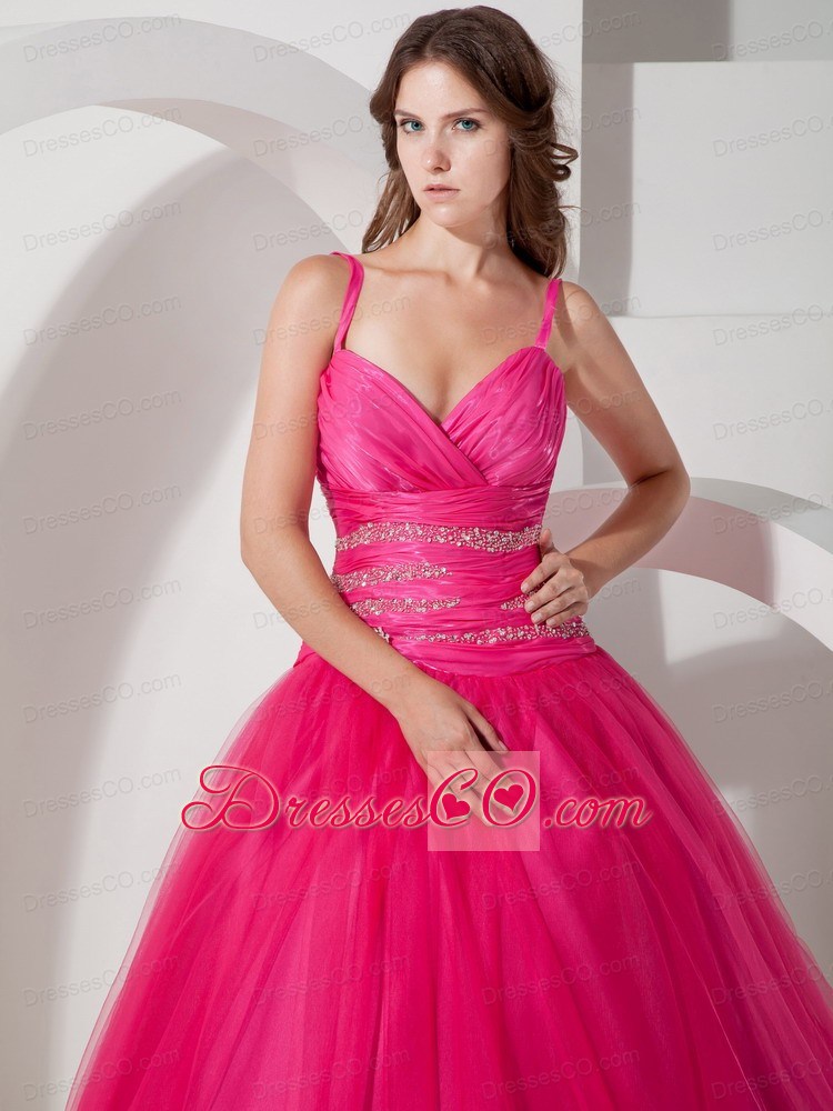 Hot Pink Ball Gown Spaghetti Straps Long Tulle Beading Quinceanera Dress
