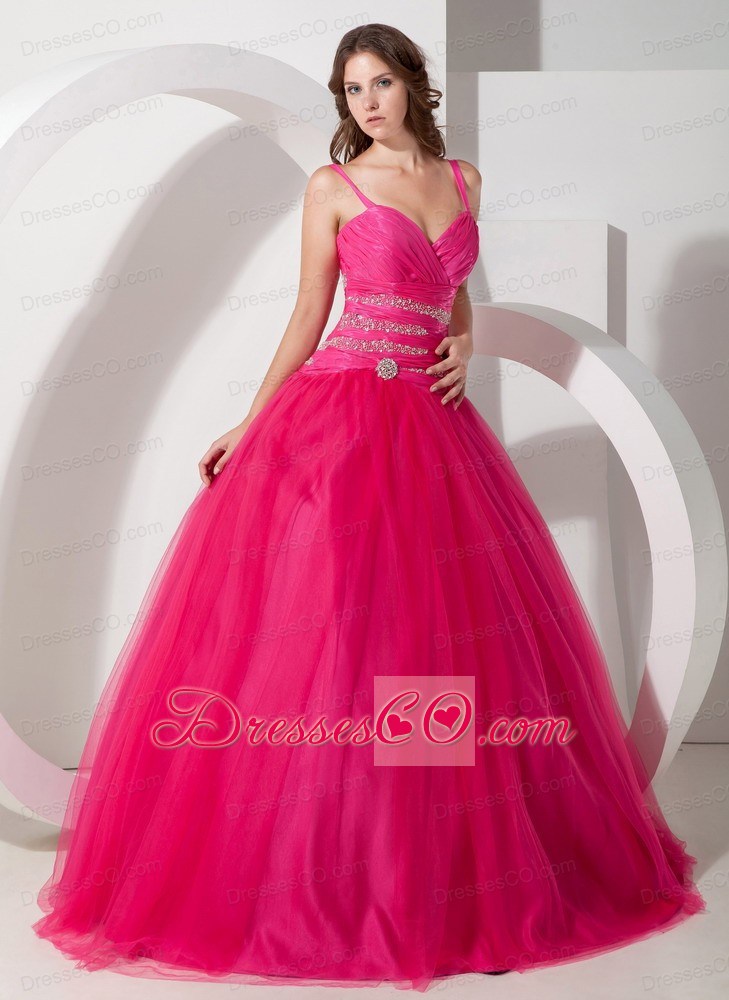 Hot Pink Ball Gown Spaghetti Straps Long Tulle Beading Quinceanera Dress