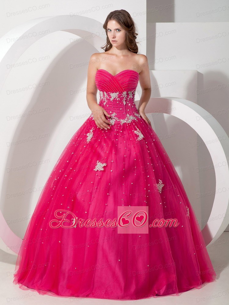 Hot Pink Ball Gown Long Tulle Appliques And Beading Quinceanera Dress