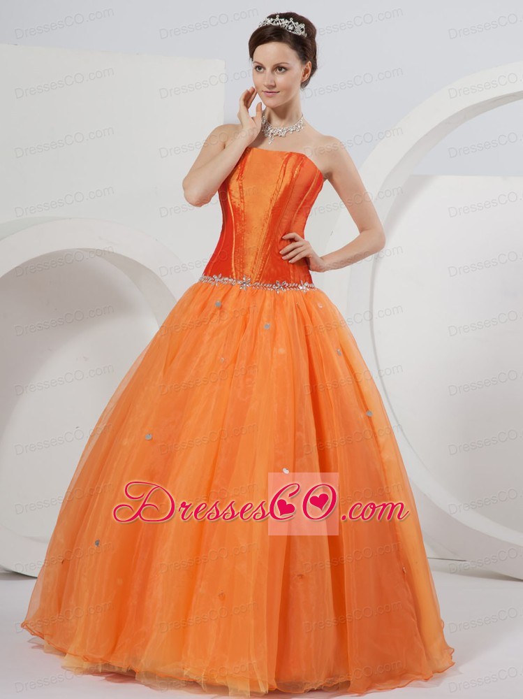 Orange A-line Strapless Long Organza Beading Quinceanera Dress