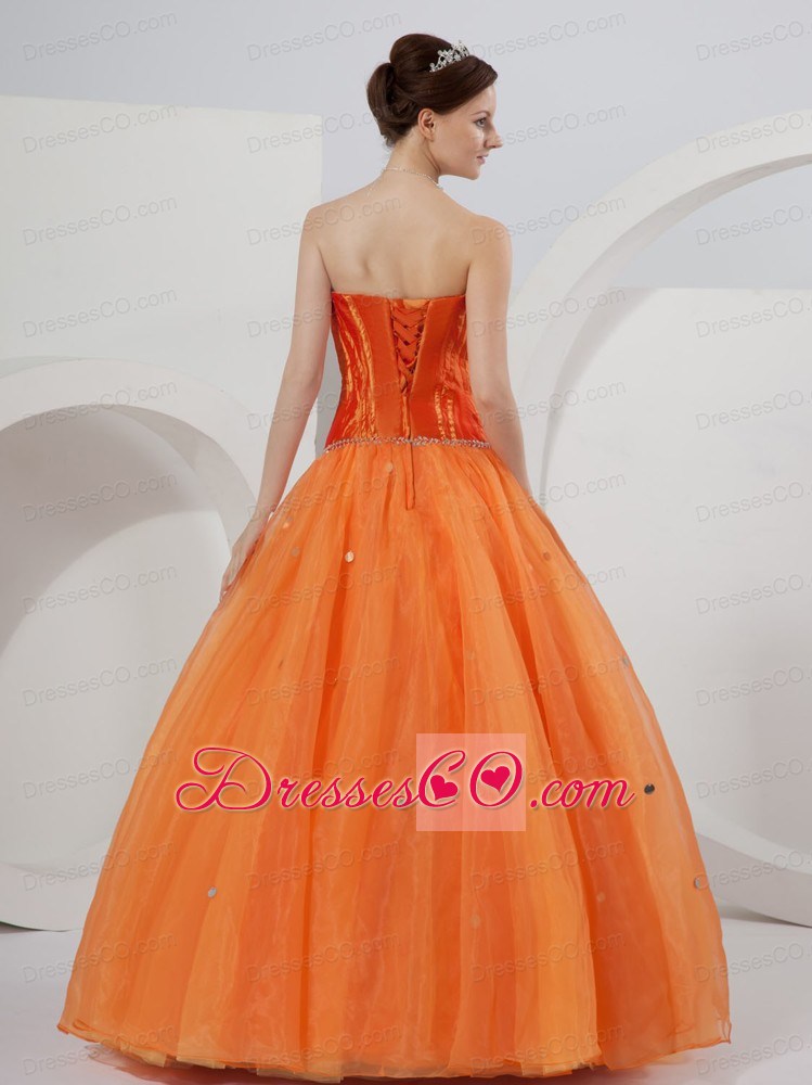 Orange A-line Strapless Long Organza Beading Quinceanera Dress