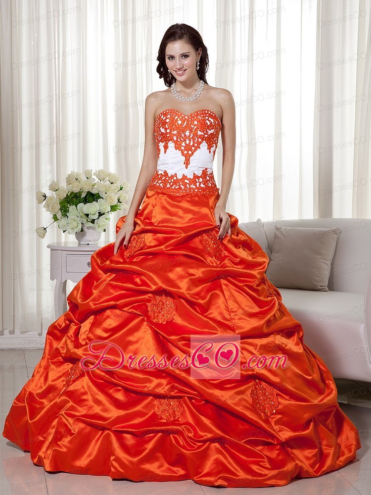 Orange Red A-line Long Taffeta Appliques Quinceanera Dress