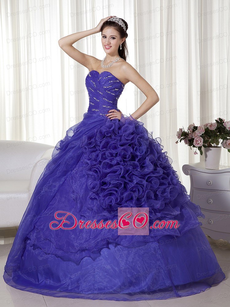 Purple Ball Gown Long Organza Beading And Ruching Quinceanera Dress