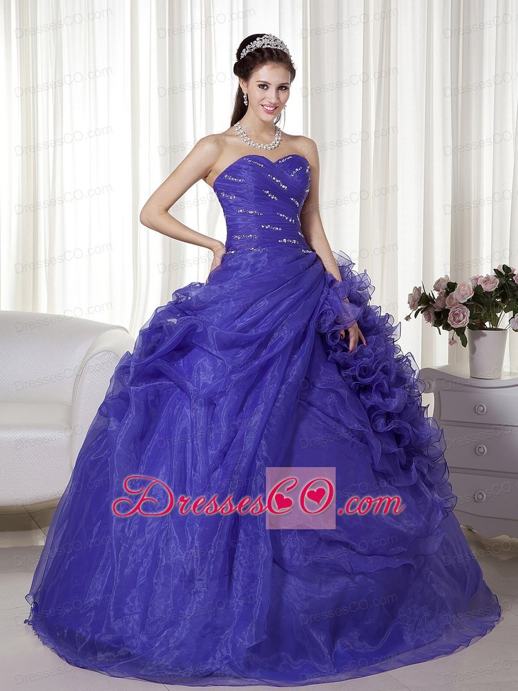 Purple Ball Gown Long Organza Beading And Ruching Quinceanera Dress