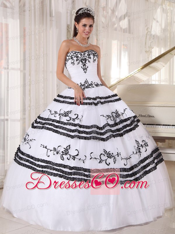 White And Black Ball Gown Long Tulle Embroidery Quinceanera Dress