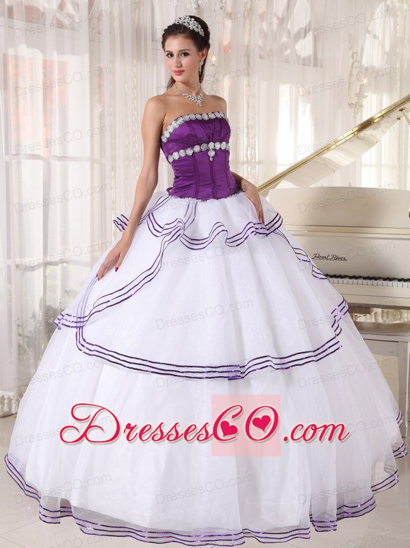 White And Purple Ball Gown Strapless Long Organza Appliques Quinceanera Dress