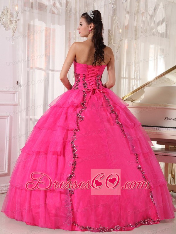 Hot Pink Ball Gown Long Organza Paillette Quinceanera Dress