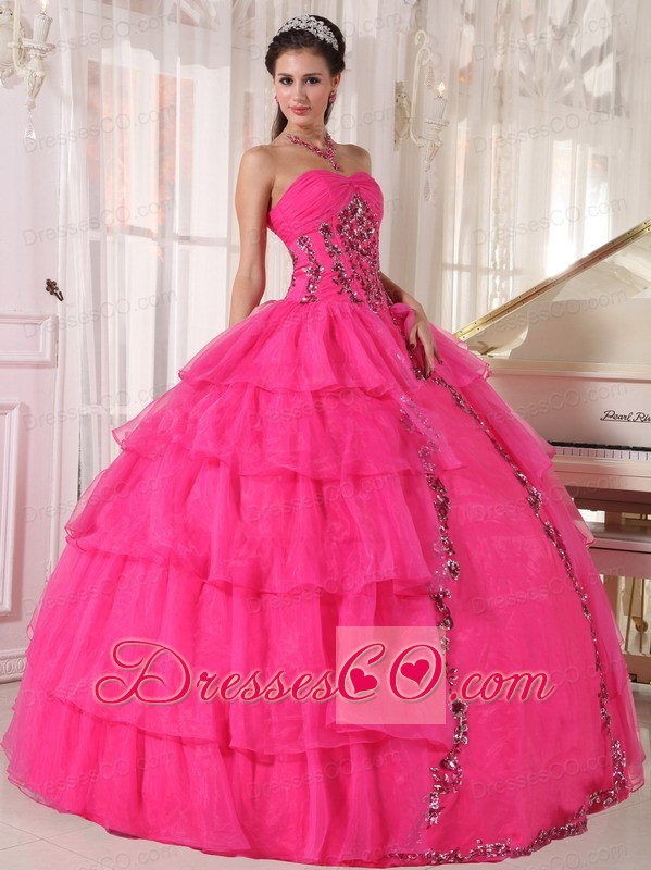 Hot Pink Ball Gown Long Organza Paillette Quinceanera Dress
