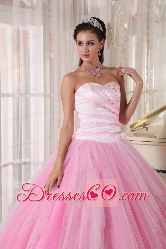 Pink Ball Gown Long Tulle Beading Quinceanera Dress
