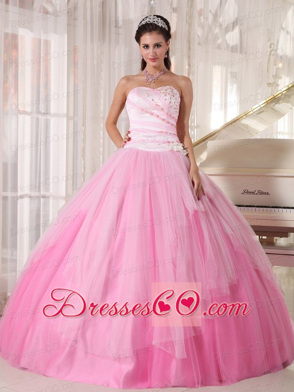 Pink Ball Gown Long Tulle Beading Quinceanera Dress