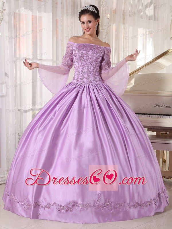 Lavender Ball Gown Off The Shoulder Long Taffeta And Organza Appliques Quinceanera Dress