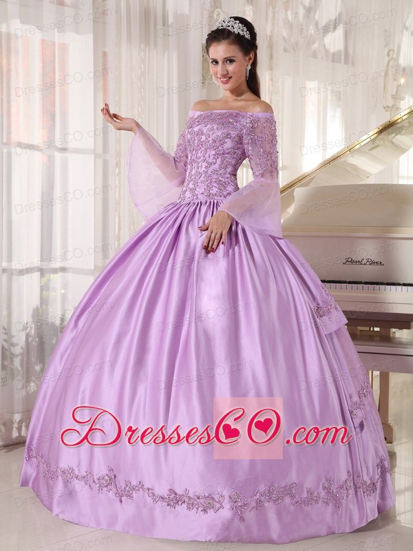 Lavender Ball Gown Off The Shoulder Long Taffeta And Organza Appliques Quinceanera Dress