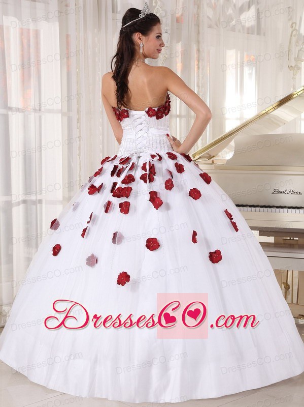 White Ball Gown Strapless Long Tulle Beading And Hand Made Flowers Quinceanera Dress