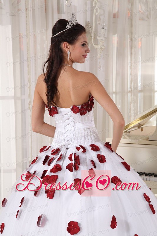 White Ball Gown Strapless Long Tulle Beading And Hand Made Flowers Quinceanera Dress