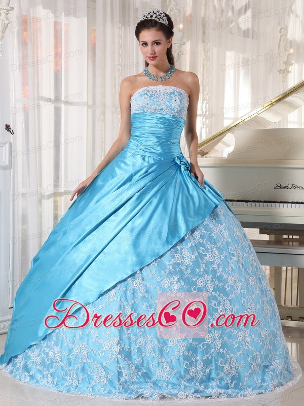 Aqua Blue Ball Gown Strapless Long Taffeta Lace Quinceanera Dress