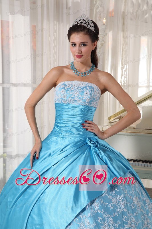Aqua Blue Ball Gown Strapless Long Taffeta Lace Quinceanera Dress