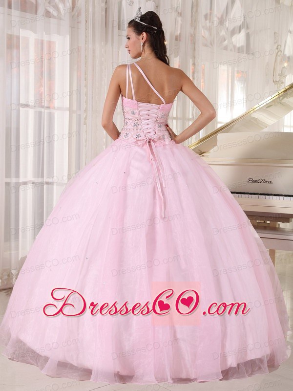Baby Pink Ball Gown One Shoulder Long Tulle Beading Quinceanera Dress