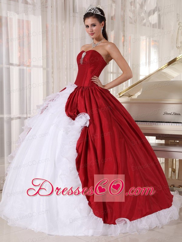 Red And White Ball Gown Long Organza And Taffeta Beading Quinceanera Dress
