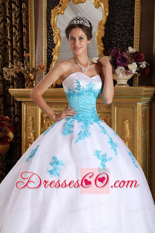 White And Blue Ball Gown Long Appliques Organza Quinceanera Dress
