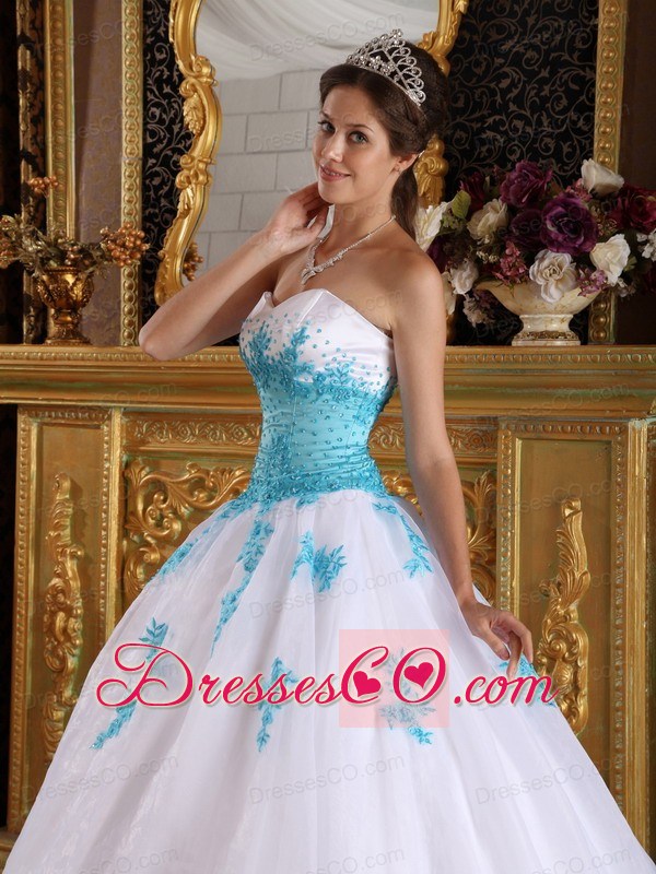 White And Blue Ball Gown Long Appliques Organza Quinceanera Dress
