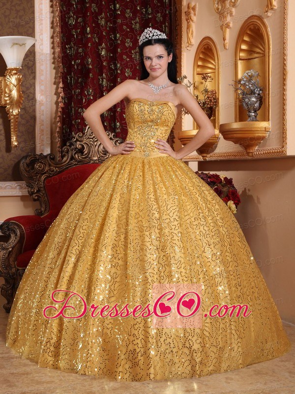Gold Ball Gown Long Beading Quinceanera Dress