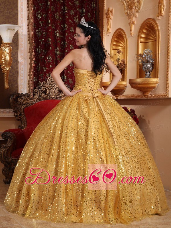 Gold Ball Gown Long Beading Quinceanera Dress
