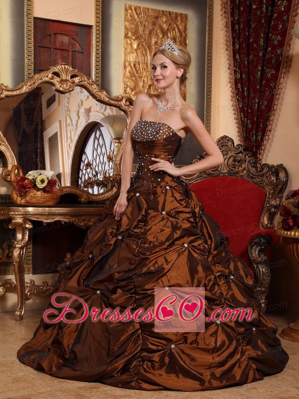 Brown A-line Strapless Long Taffeta Beading Quinceanera Dress