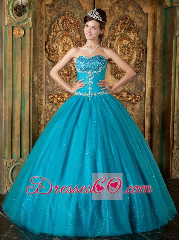 Teal A-line / Princess Long Beading Tulle Quinceanera Dress