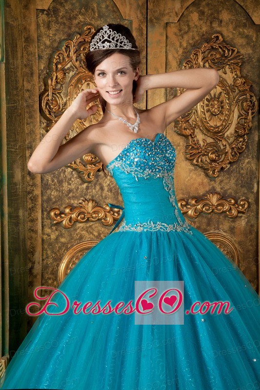 Teal A-line / Princess Long Beading Tulle Quinceanera Dress
