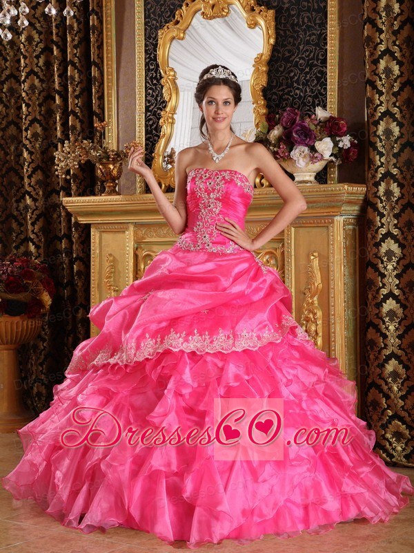 Hot Pink Ball Gown Strapless Long Organza Quinceanera Dress