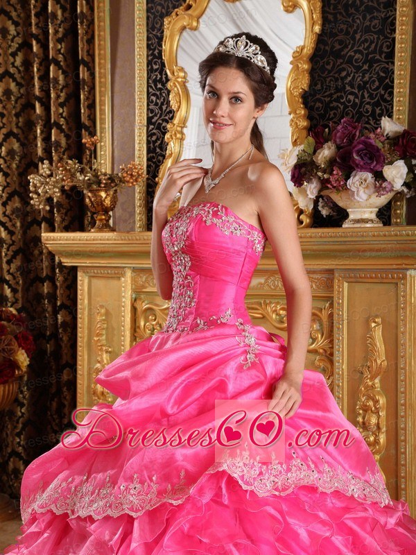 Hot Pink Ball Gown Strapless Long Organza Quinceanera Dress