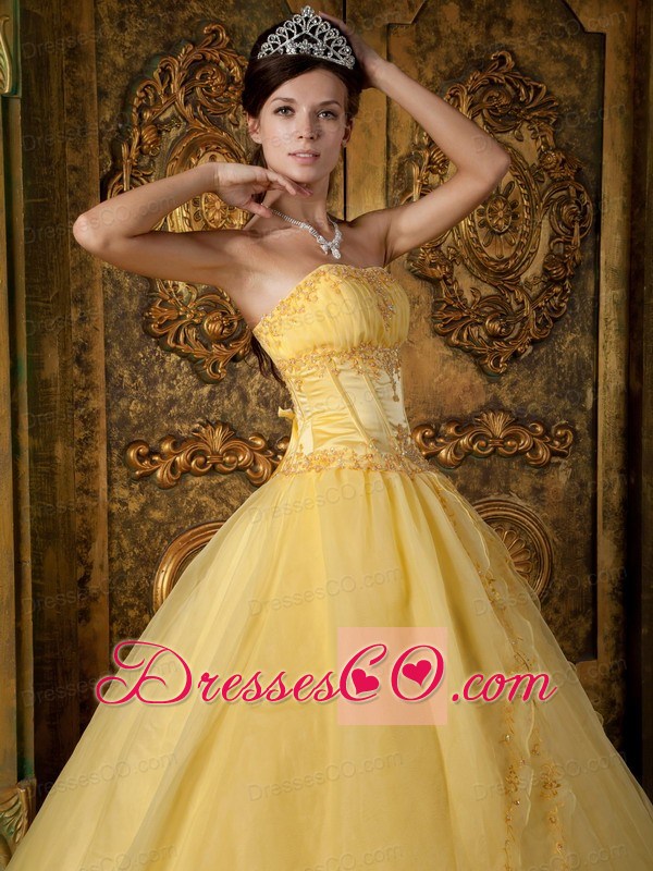 Yellow Ball Gown Strapless Long Appliques Organza Quinceanera Dress
