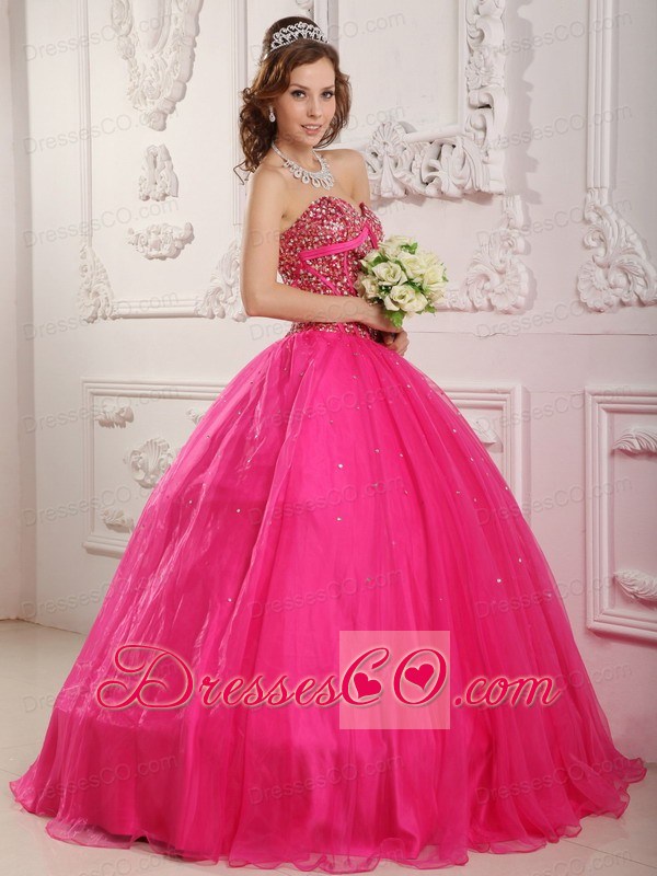 Hot Pink A-line / Princess Long Satin And Organza Beading Quinceanera Dress