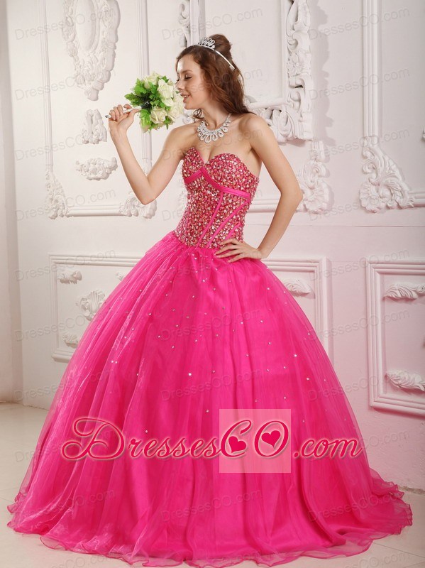 Hot Pink A-line / Princess Long Satin And Organza Beading Quinceanera Dress