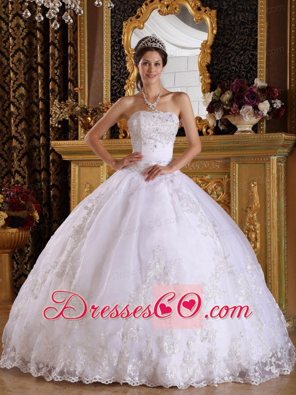 White Ball Gown Strapless Long Embroidery With Beading White Quinceanera Dress