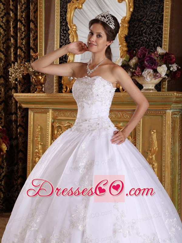 White Ball Gown Strapless Long Embroidery With Beading White Quinceanera Dress