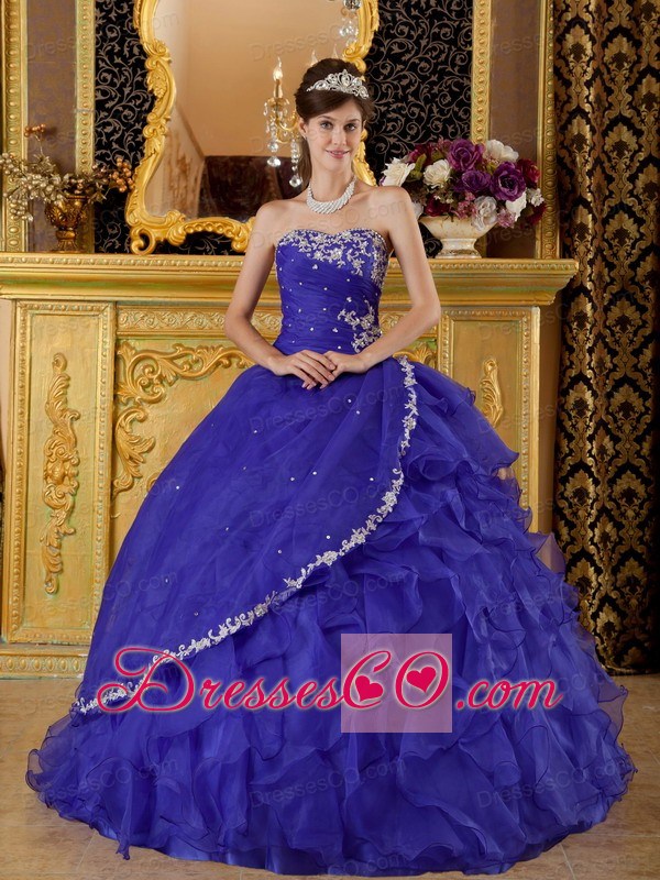 Purple Ball Gown Long Organza Appliques Bule Quinceanera Dress