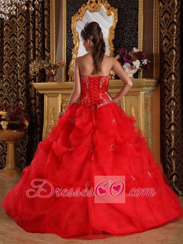 Red Ball Gown Strapless Long Pick-ups Tulle Quinceanera Dress