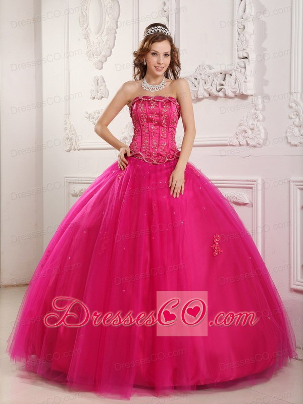 Elegant Ball Gown Strapless Long Tulle Beading Hot Pink Quinceanera Dress