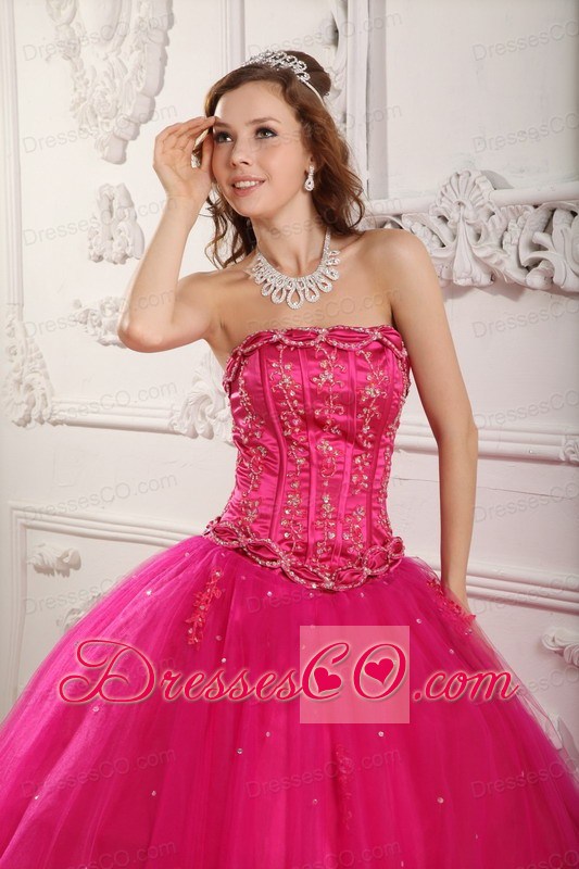 Elegant Ball Gown Strapless Long Tulle Beading Hot Pink Quinceanera Dress