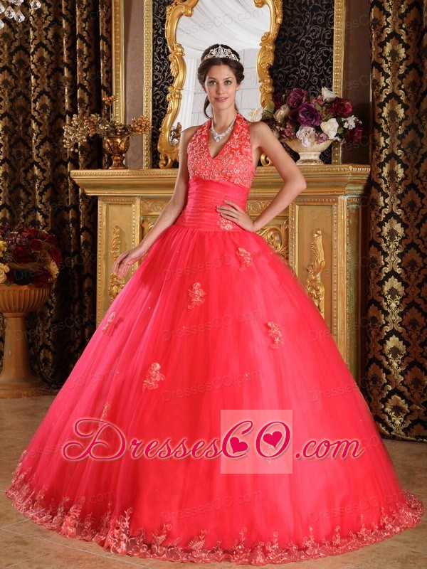 Coral Red Ball Gown Halter Long Appliques Tulle Quinceanera Dress