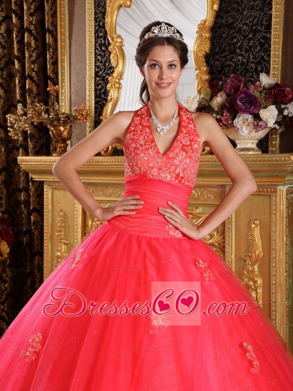 Coral Red Ball Gown Halter Long Appliques Tulle Quinceanera Dress