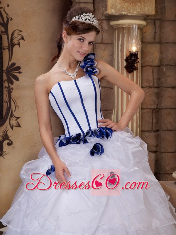 White Ball Gown One Shoulder Long Satin And Tulle Hand Made Flowers Quinceanera Dress