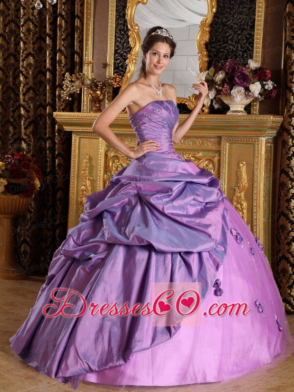 Lavender Ball Gown Strapless Long Taffeta Beading Quinceanera Dress