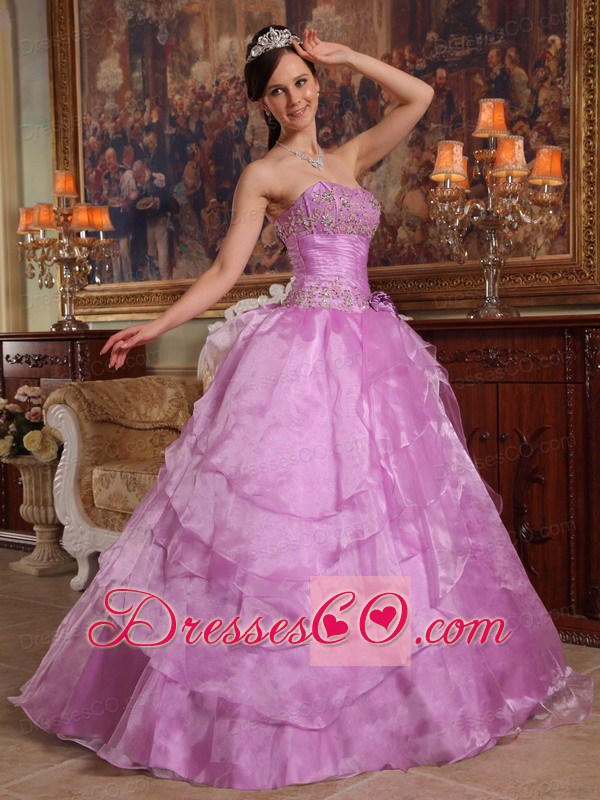 Lavender Ball Gown Strapless Long Organza Beading Quinceanera Dress